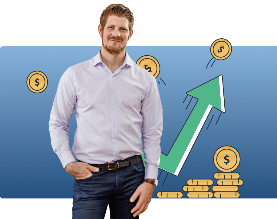 Asle Kommedal standing in front of a growth chart and coins, representing high yield property investments in Australia