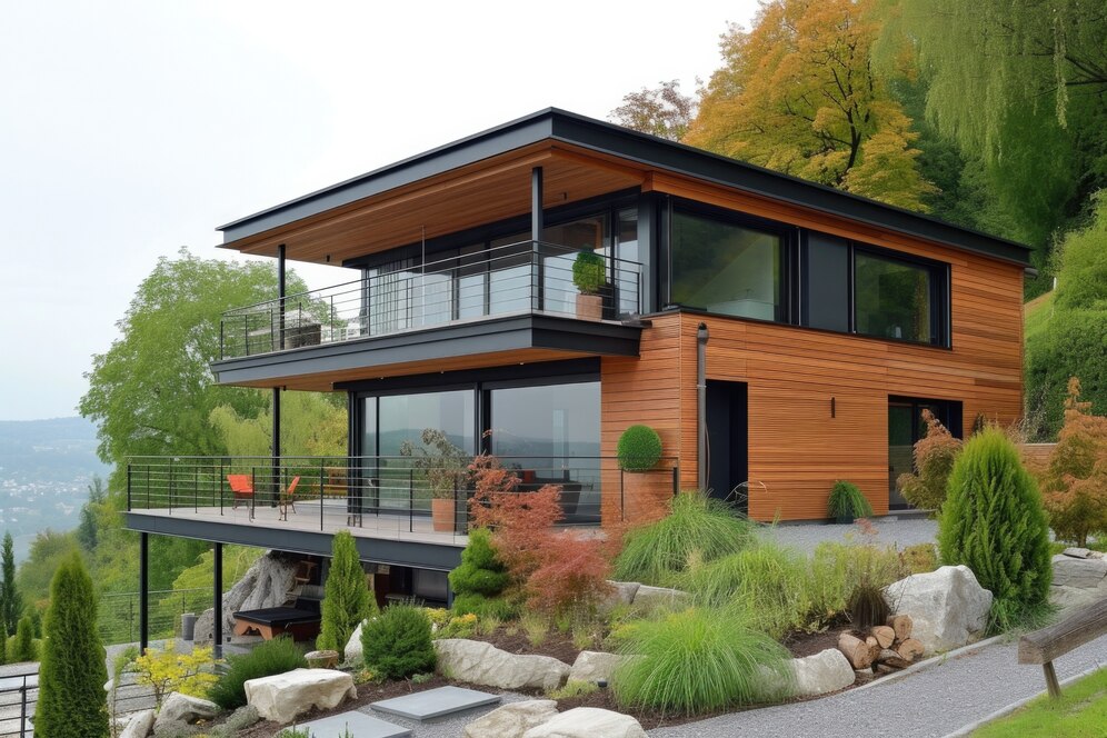 Photorealistic wooden house with timber structure, Topstone Property portfolio.