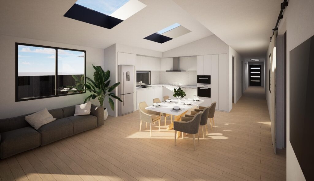 Stylish shared kitchen and common area in a Melbourne co-living property with spacious layout and multiple rooms.