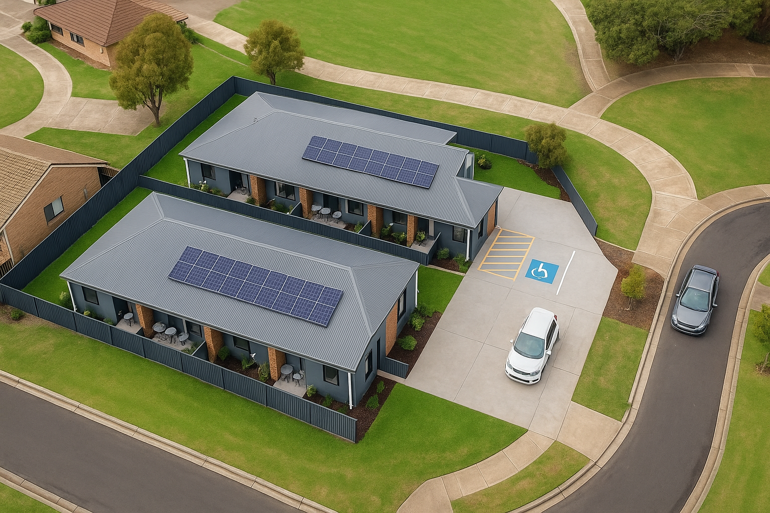 Areal view of two identical 9-Bedroom co-living homes with private outdoor areas on a subdivided block.