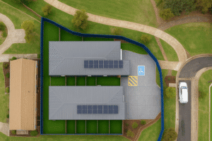 Direct overhead view of two subdivided 9-bedroom co-living homes with private studio courtyards and dividing fence.