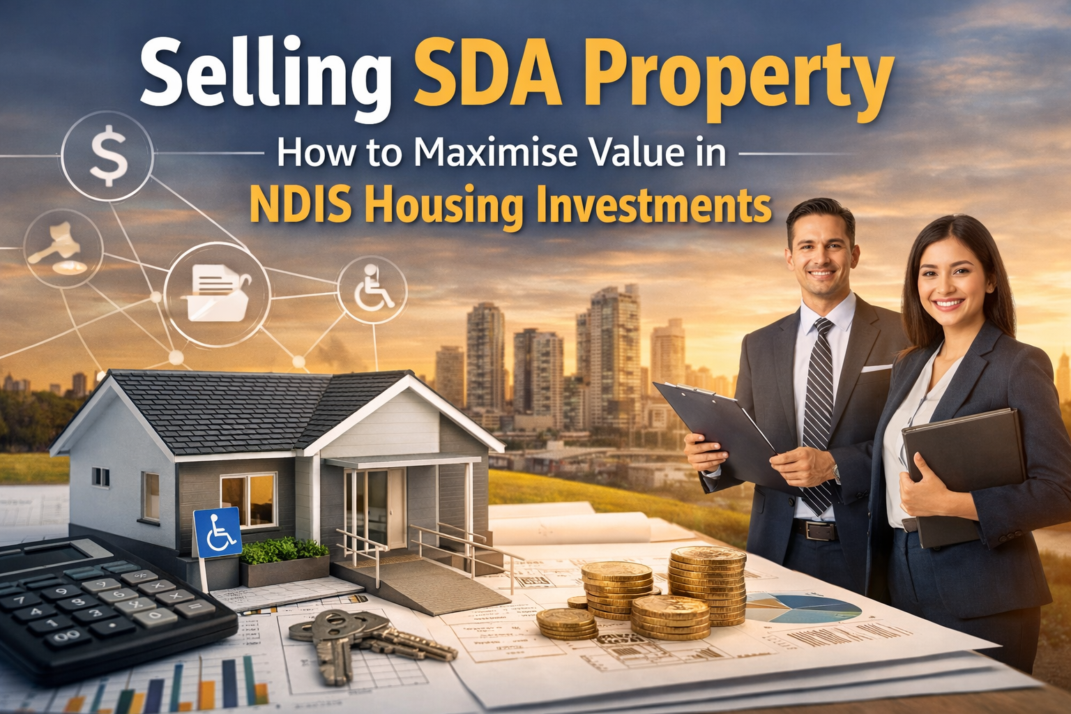 Professionals reviewing an SDA property model with investment charts representing selling SDA property and NDIS housing investment.
