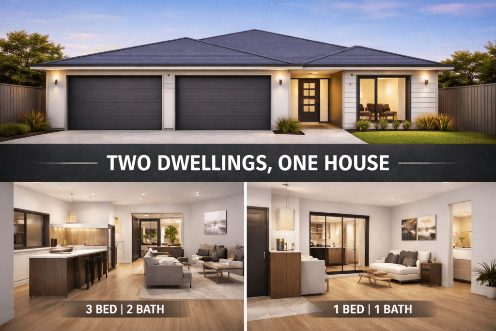Dual key property exterior showing two dwellings — 3 bed 2 bath main home and 1 bed 1 bath secondary dwelling