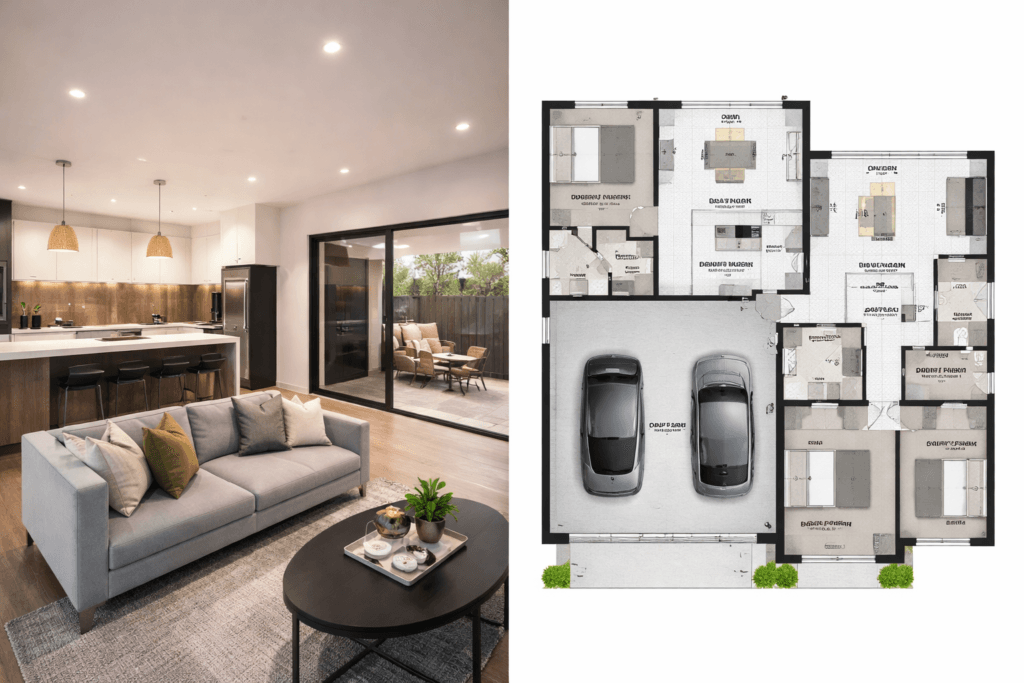 Modern dual key property interior and floor plan showing two separate living spaces